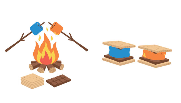 Traditional campfire scene preparing roasted marshmallows to assemble delicious chocolate smores on graham crackers in nature.