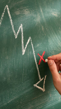 Downward Trend Marked with Red Cross: A hand draws a red cross on a downward trending graph on a chalkboard, symbolizing a failed strategy or a significant loss.