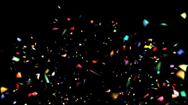 Multicolor Confetti Burst Particles on Black Background, Seamless loop 4k Realistic Celebration Overlay