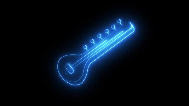 Neon animated sitar white line icon representing Indian classical music and traditional musical instruments. Glowing sitar animation on a dark background, ideal for music, Indian culture,