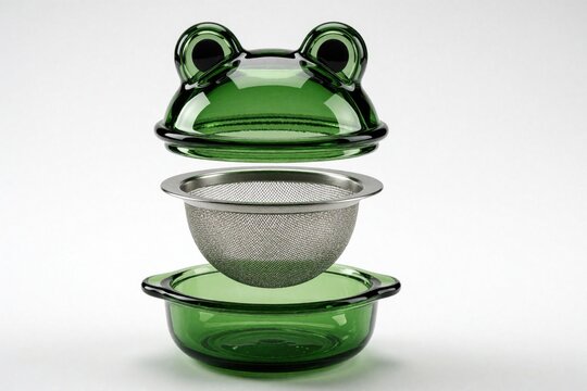 Cute green frog shaped glass lid sits on kitchen whisk holder. Whimsical animal design kitchenware with metal strainer, glass bowl. Creative cooking tool for home decor, useful utensil for food prep,