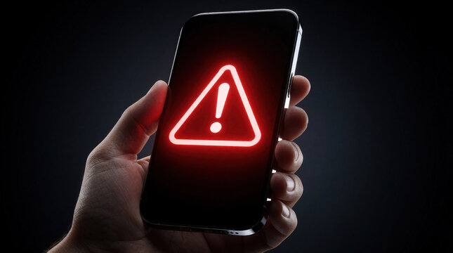 Hand holds smartphone with big red warning icon on black screen. Mobile phone displays error message system failure alert. Digital device shows danger sign, technical glitch, app crash connection