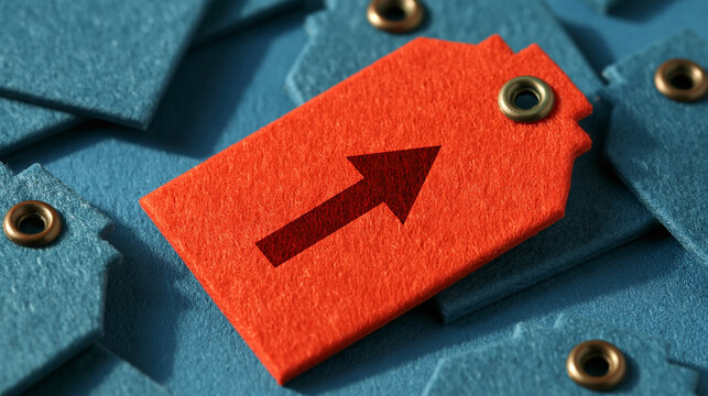 Price Tag Increase: A single bright orange price tag stands out amongst a pile of blue tags, featuring a bold red arrow pointing upwards, symbolizing a price hike or a positive sales trend.
