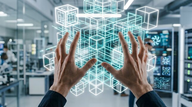 First person point of view of a male engineer interacting with a complex 3D holographic data visualization made of glowing blue cubes in a high-tech laboratory environment or data center.