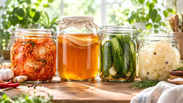 Glass jars filled with fermented probiotic foods including kimchi kombucha with scoby pickled cucumbers and sauerkraut on wooden kitchen table