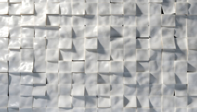Textured white cubic wall cladding surface. Architectural background and parametric interior styling. Irregular 3D square panels forming dynamic light and shadow effects