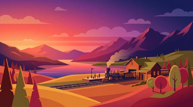 Flat Vector Country Railway Station with Steam Train at Sunset