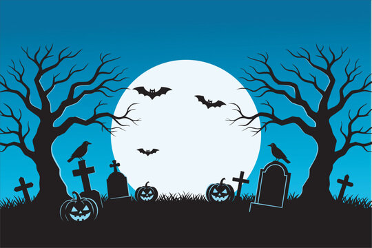 Halloween graveyard scene with full moon, ravens, bats, and pumpkins in flat 2D style. Vector illustration for spooky night background.