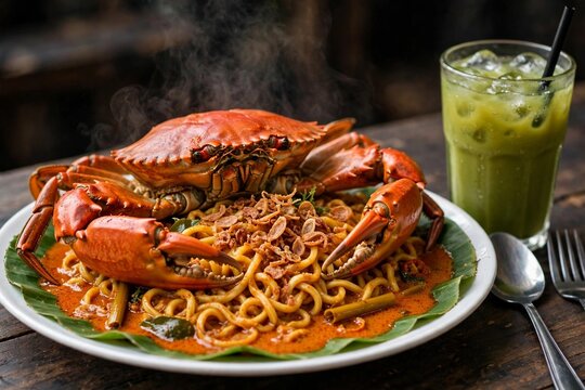 Mie Aceh Kepiting Jumbo with Banana Leaf and Iced Green Tea - Premium Seafood Noodles