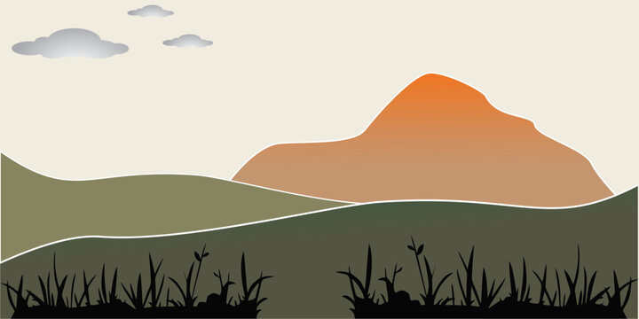 Minimalist stylized mountain landscape with rolling hills, wild grass, and soft clouds in a warm natural color palette. Simple flat landscape illustration suitable for nature backgrounds, environmenta
