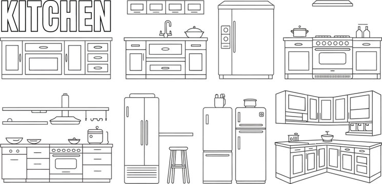 kitchen appliances and furniture outline vector set on transparent background for home interior design and culinary concepts.