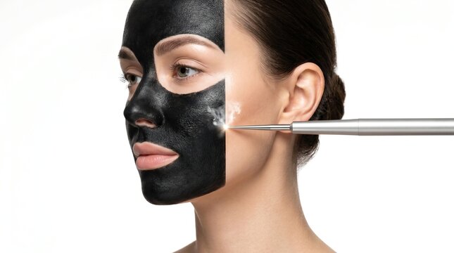Carbon peeling laser treatment on half female face for skin rejuvenation and pore cleansing