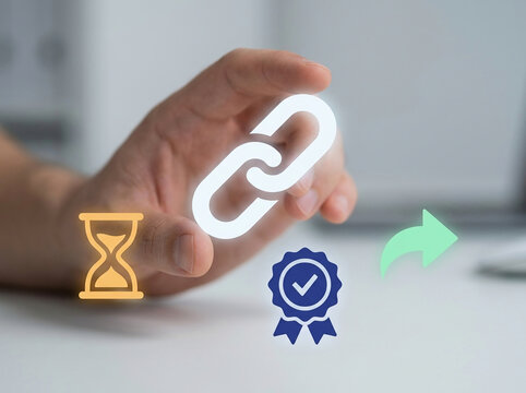 Digital marketing and SEO concept with a hand touching a glowing chain link icon next to an hourglass and quality certification badge.