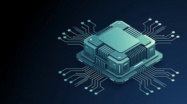 Isometric Microchip Processor with Circuit Board Tracks