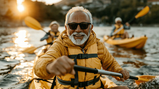 Happy elderly man smiling while kayaking on a lake during sunset with active lifestyle