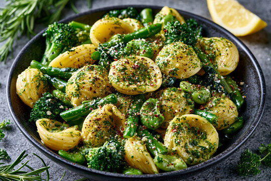 Orecchiette pasta with broccoli and herbs in a bowl vegetable pasta italian food vegetarian mea