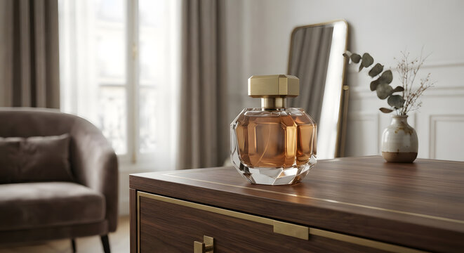 High-end scent flacon in sophisticated bright interior
