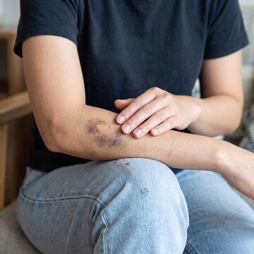 Woman showing a large purple bruise on her arm after an accident.