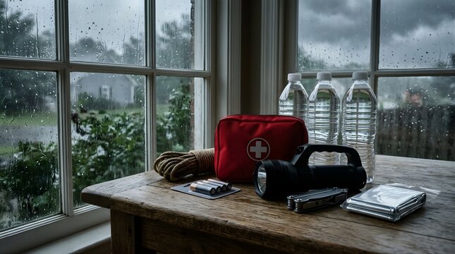 Emergency kit and survival gear on wooden table during a stormy day