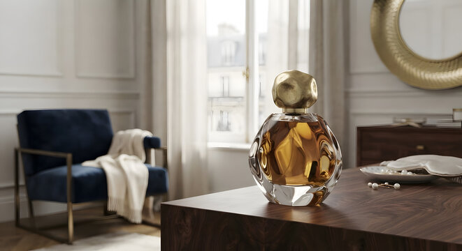 Round faceted perfume bottle with textured gold cap on wood table