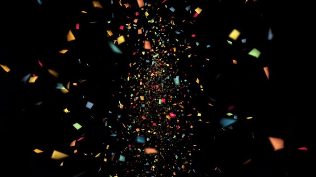 Colorful Confetti Burst Particles on Black Background, Seamless loop 4k Realistic Celebration Overlay