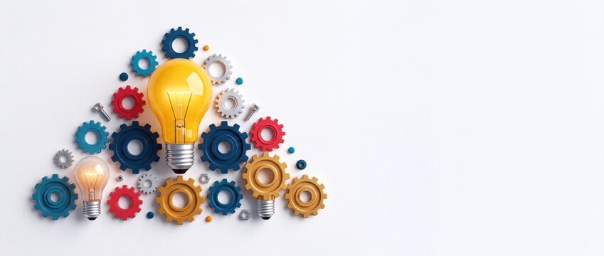 Creative Innovation Concept with Glowing Light Bulbs and Colorful Mechanical Gears on White Background Representing Brainstorming Teamwork and Engineering Solutions for Business Growth and Success