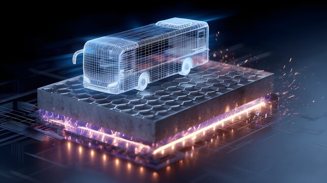Futuristic Blue Wireframe Bus Wireframe Sitting on Honeycomb Metamaterial Base with Purple Sparking EMI Shielding Layer for Mobility Inverter