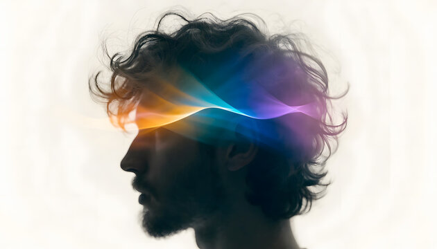 Side view of man face with glowing mental wave. Human consciousness and creative psychology concept. Person contemplating with colorful aura around forehead