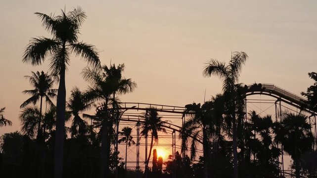 Tropical Roller Coaster Silhouette at Sunset with Palm Trees.