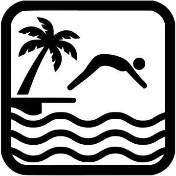 Resort Swimming Pool Sign Vector Icon with Diving Board and Palm Tree