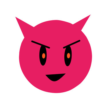 Mischievous pink devil emoji face icon with horns, orange eyes, and cunning smile isolated on transparent background 