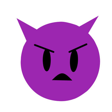 Angry purple devil emoji face icon with horns and mad facial expression isolated on transparent background 