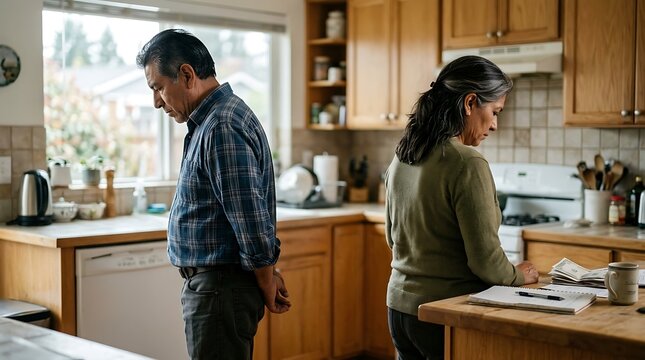 Middle aged couple standing back to back in kitchen experiencing relationship problems and emotional distance.