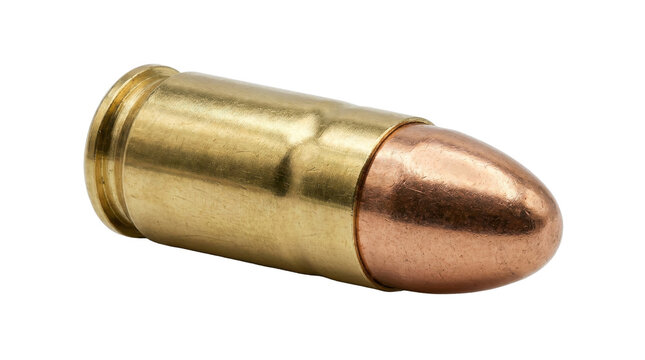 Single brass handgun ammunition cartridge rests against clean white backdrop macro studio photography shot metal weaponry