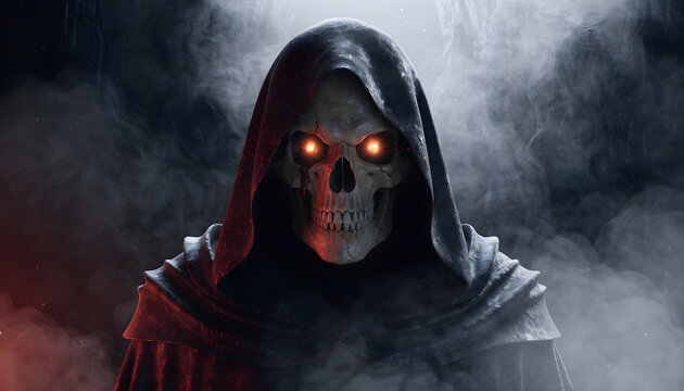 Grim reaper skeleton wearing a dark cowl with glowing eyes in mist. Halloween fantasy and horror concept. Hooded death phantom standing in ominous smoke and darkness
