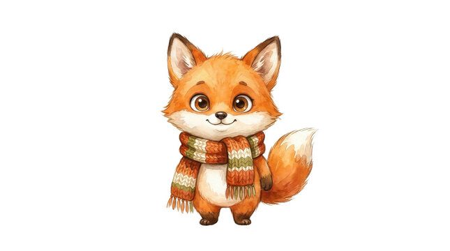 Cute red fox wearing knitted winter scarf standing isolated on white background illustrated watercolor character