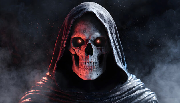 Hooded skull with fiery glowing orange eyes surrounded by mist. Dark fantasy and gothic horror concept. Creepy skeleton figure glaring directly from shadowy smoke