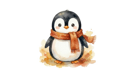 Obraz premium Little penguin character wearing cozy orange knitted scarf painted watercolor style isolated white background