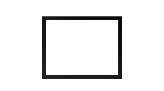 Black rectangular frame encompassing empty white space isolated against stark background utilizing minimalist graphic design style