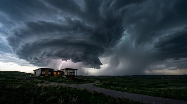 Modern house under a massive supercell storm with lightning strike