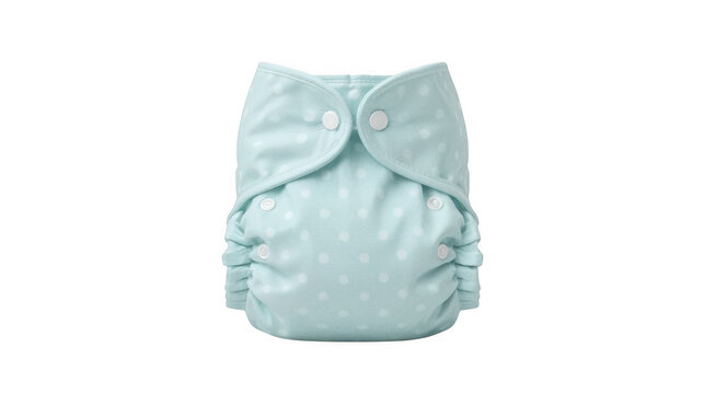 Light blue reusable cloth diaper laid flat against a transparent background showcasing its adjustable fit.