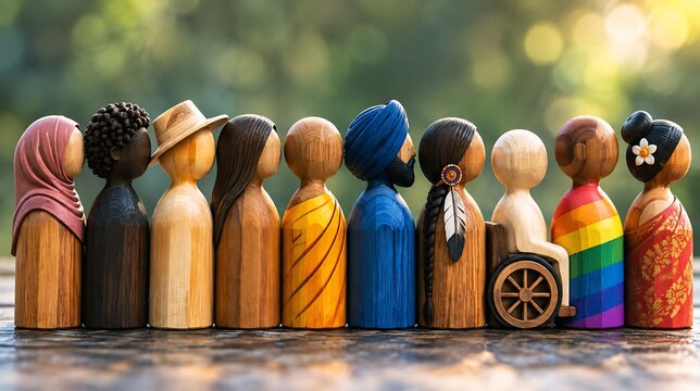 Diverse collection of painted wooden peg dolls representing inclusivity and multiculturalism with inclusivity