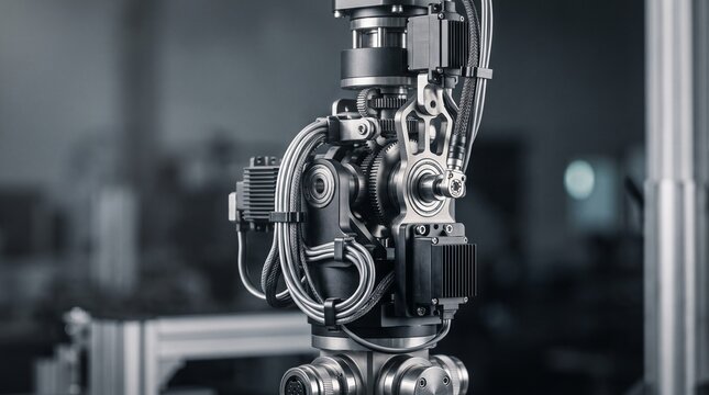 Close-up of industrial robotic arm joint featuring precision planetary gears, servo motors, intricate braided cable management, and mechanical components in a high-tech factory laboratory.