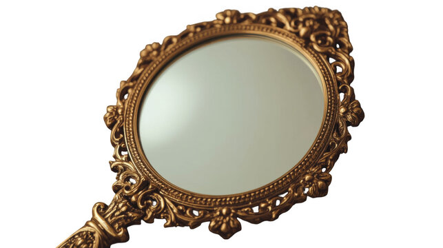 An ornate antique hand mirror with intricate gold detailing and a reflective silver surface on a plain transparent background.