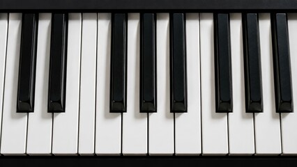 Close-up of a piano keyboard showing black and white keys across several octaves for a musical instrument