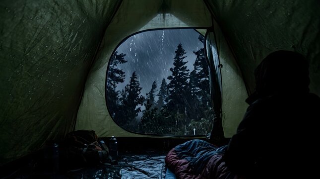 Person resting inside a tent looking out at a rainy forest landscape