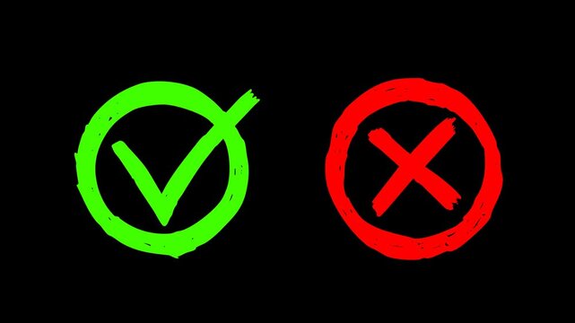 Green check mark and red cross mark circle animation, doodle correct wrong symbols, isolated video overlay element