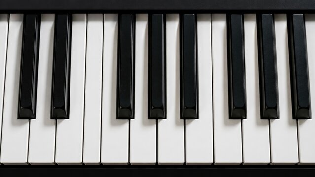Close-up of a piano keyboard showing black and white keys across several octaves for a musical instrument