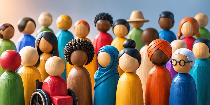 Group of diverse wooden peg dolls representing social diversity and inclusion with corporate culture social justice human rights