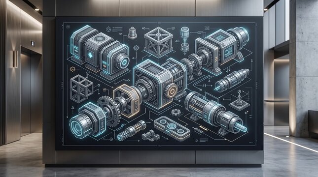 Futuristic isometric 3D engineering blueprint of mechanical components with glowing blue lines displayed on a large digital screen in a modern office lobby near elevator doors.